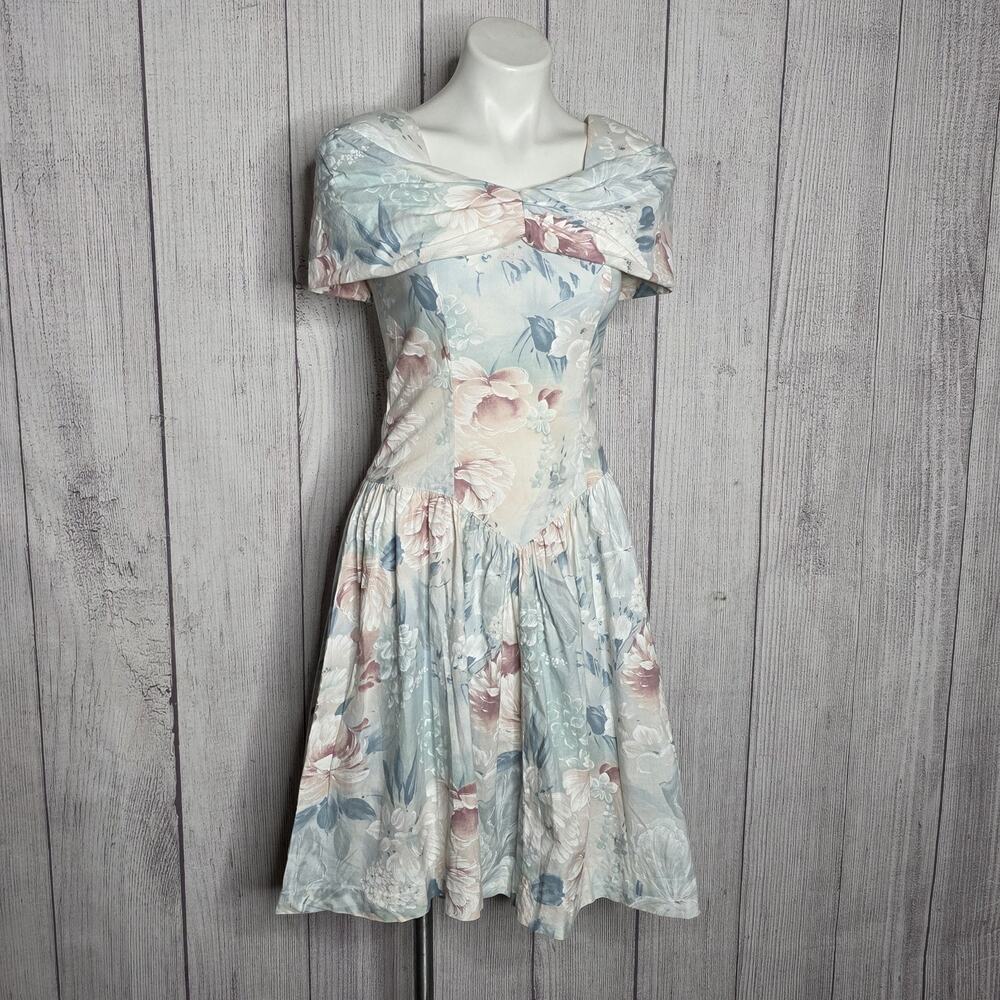Vintage 80s All That Jazz Romantic Garden Party Floral Off Shoulder Dress, sz S